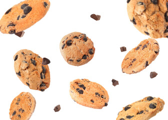 Delicious chocolate chip cookies falling on white background
