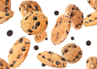 Delicious chocolate chip cookies falling on white background