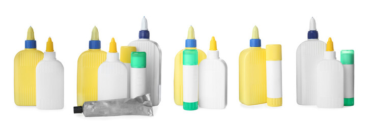 Set with tube, bottles and sticks of glue on white background. Banner design