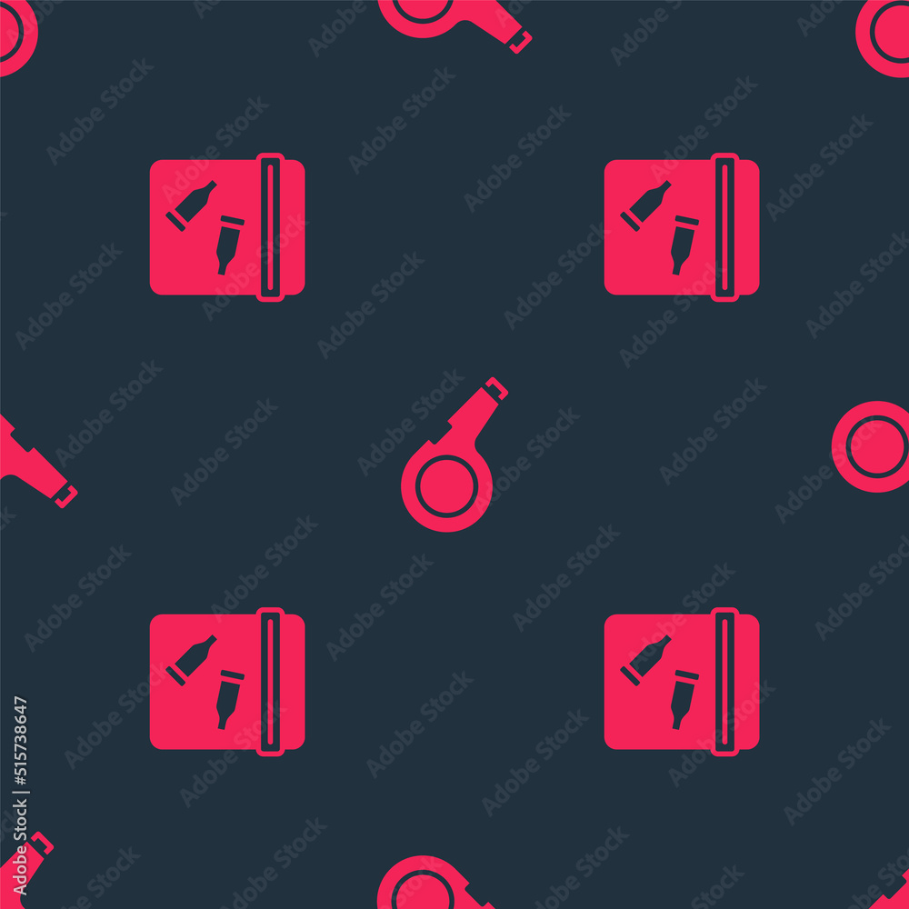 Poster set evidence bag with bullet and whistle on seamless pattern. vector