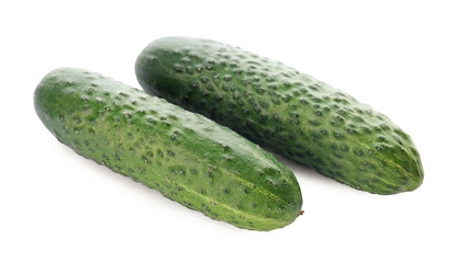 Whole fresh green cucumbers on white background