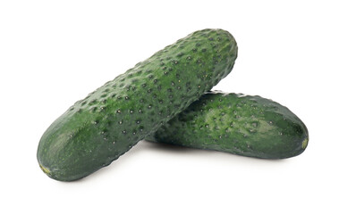 Whole fresh green cucumbers on white background