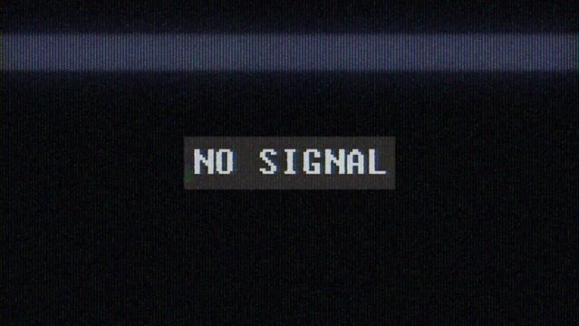 Source No signal old vintage TV. Rolling bars on TV screen. No signal sign. Bad interference. Broken antenna. Distortion and Flickering, analog TV signal. Static color noise. SMPTE color bars