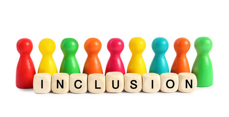Colorful pawns and wooden cubes with word Inclusion on white background