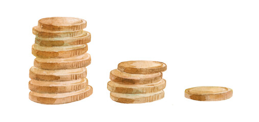 Watercolor golden coins isolated on white. Ukrainian coins