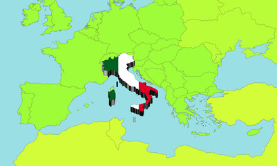 Italy on the European map, in three-dimensional 3D form. With the colors of the flag, in the middle of europe and the mediterranean sea, famous for food, fashion, design, architecture and lifestyle.