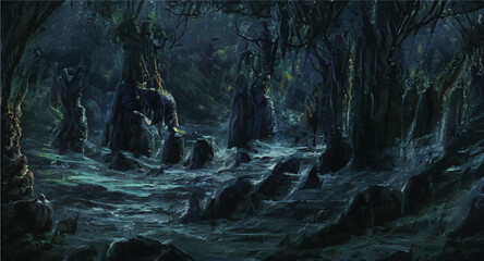 Dark forest horror scene adventure game, alien planet 