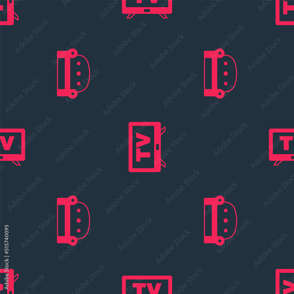 Poster set sofa and smart tv on seamless pattern. vector