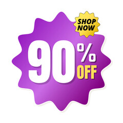 90% percent off(offer),  shop now, purple and yellow 3D super discount sticker, sale. vector illustration, Ninety 