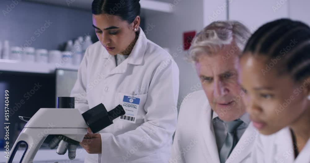 Poster Medical breakthrough and discovery in the field of medicine. Curing diseases and developing cures in a science research facility. Three scientists pr doctors working in a lab and using a microscope.