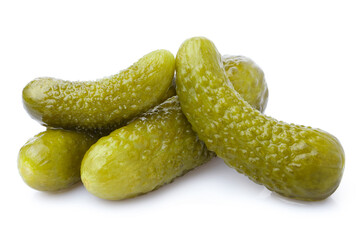 Delicious marinated pickled cucumbers, isolated on white background