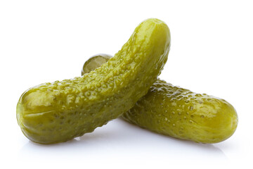 Delicious marinated pickled cucumbers, isolated on white background