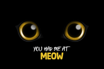 You Had Me At Meow. Vector 3d Realistic Yellow Round Glowing Cats Eyes of a Black Cat. Cat Look in the Dark Black Background Closeup. Glowing Cat or Panther Eyes