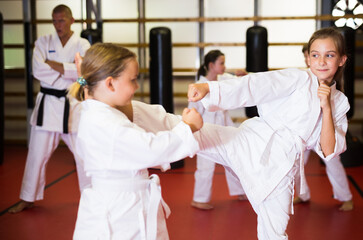 Fototapeta na wymiar Sportive children working in pair mastering new karate moves during group class