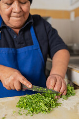 Cook cutting coriander in a restaurant kitchen