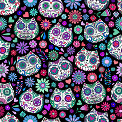 Day of the Dead skulls pattern. Mexican dead Cat. Dia de los muertos print. Day of the dead and Mexican tradition festival. Day of the dead sugar skull isolated. Dia de los Muertos tattoo skulls.