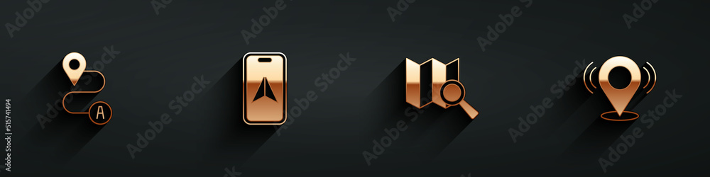 Poster set route location, city map navigation, search and map pin icon with long shadow. vector