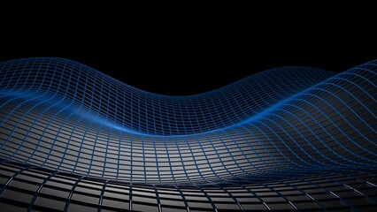 Gradient Black Mathematical Geometric Abstract Line and Surface Wave under Blue Spot Lighting Black Background. Concept 3D illustration of technological innovations, strategies and revolutions.