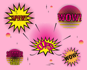 Bright set with summer stickers, badges, stickers. Summer sale banner here. Vector illustration in vibrant 90s colors.