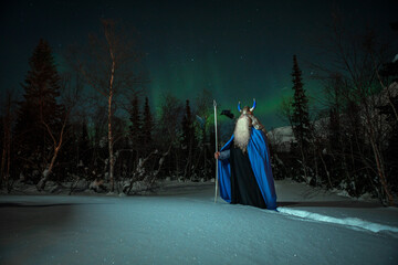 God Odin against the background of the starry sky and northern lights