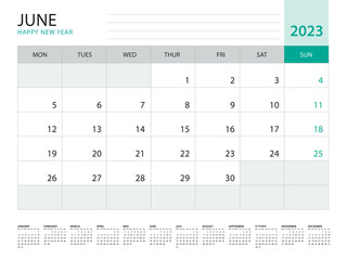 June 2023-Calendar 2023 template vector on green background, week start on monday, Desk calendar 2023 year, Wall calendar design, corporate planner template, Stationery, organizer diary, vector