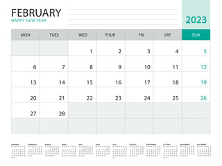 February 2023-Calendar 2023 template vector on green background, week start on monday, Desk calendar 2023 year, Wall calendar design, corporate planner template, Stationery, organizer diary, vector