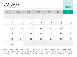 January 2023-Calendar 2023 template vector on green background, week start on monday, Desk calendar 2023 year, Wall calendar design, corporate planner template, Stationery, organizer diary, vector