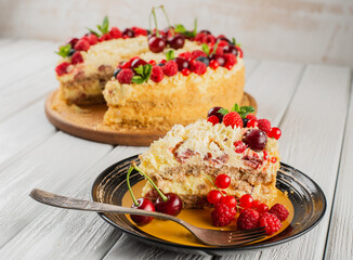 Cake with summer berries baked at home