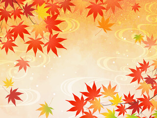 紅葉と流水紋の和風フレーム背景_ベクターイラスト