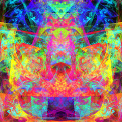 Creación de arte fractal digital compuesto de trazos translúcidos en tonos vivos sobre un fondo oscuro que forman un conjunto simétrico con aspecto de ser un trono imperial de un gobernante milenario.