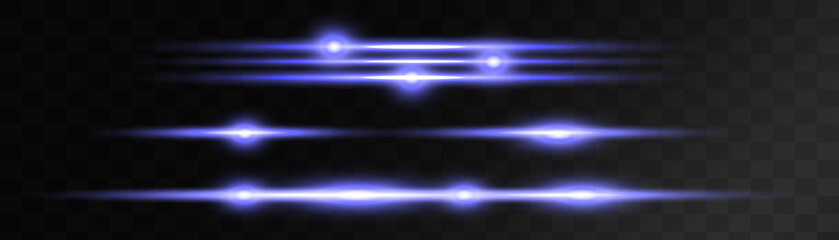 Obraz premium Set of blue horizontal lens flares pack. Abstract light flares, laser beams, sparkling lined, horizontal light rays. Vector illustration.