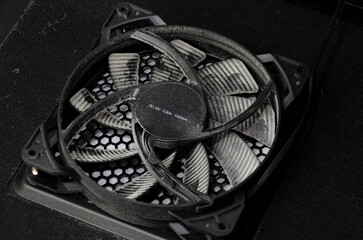 Dirty computer cooler. Dust on a computer air fan. Close-up