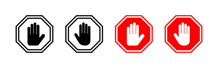 Stop icon vector. stop road sign. hand stop sign and symbol. Do not enter stop red sign with hand