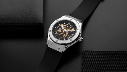 Skeleton watch on black background