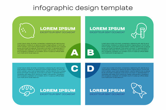 Set Line Vegan Bread Loaf, Lemon, Fish And Genetically Modified Chicken. Business Infographic Template. Vector