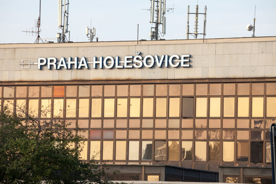 PRAGUE, CZECHIA - OCTOBER 31, 2019: Sign indicating the Praha Holesovice train station in Prague, on its main building. It's one of the main railway hubs of the city