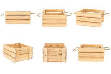 Group of empty wooden crate boxes isolated on white background.