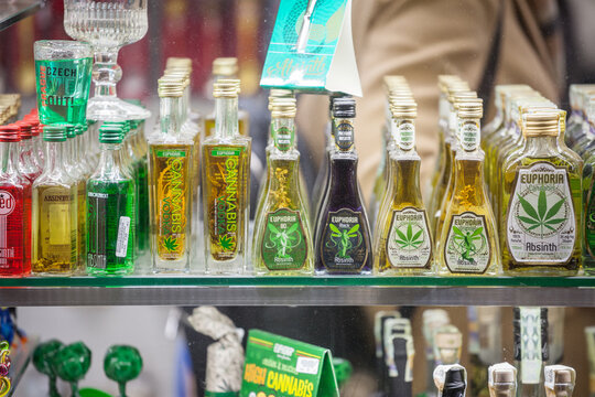 PRAGUE, CZECHIA - NOVEMBER 3, 2019: Bohemian style absinth in a souvenir shop specialized in the product, called absintherie. Absinthe is legal in Czech Republic, and is a symbol of alcoho