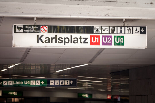 VIENNA, AUSTRIA - NOVEMBER 6, 2019: Karlsplatz metro station sign of Vienna, Austria, also called U-Bahn indicating the lines U1, U2 and U4. It is the  underground rail transit system of the city