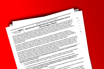 Obraz premium Form 13844 (SP) documentation published IRS USA 44258. American tax document on colored