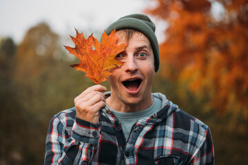 Man autumn. person in autumn. Happy emotion face. Emotional. 