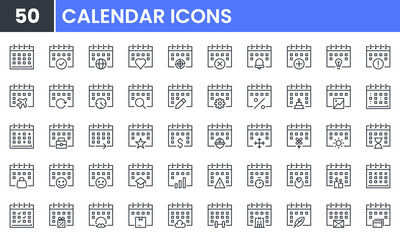 Calendar vector line icon set. Contains linear outline icons like Agenda, Schedule, Birthday, Appointment, Event, Deadline, Date, Reminder, Plan, Time, Season, Day, Holiday. Editable use and stroke.