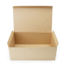 Cardboard box with flip open lid, lid open, isolated on white. 