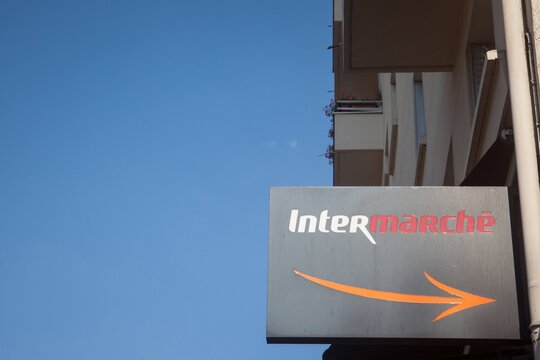 LYON, FRANCE - JULY 17, 2019: Intermarche logo in front of their local supermarket in Lyon. Intermarche is a French retailer of supermarkets and hypermarkets spread in Europe