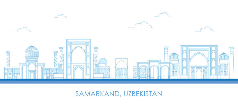 Outline Skyline panorama of city of Samarkand, Uzbekistan - vector illustration