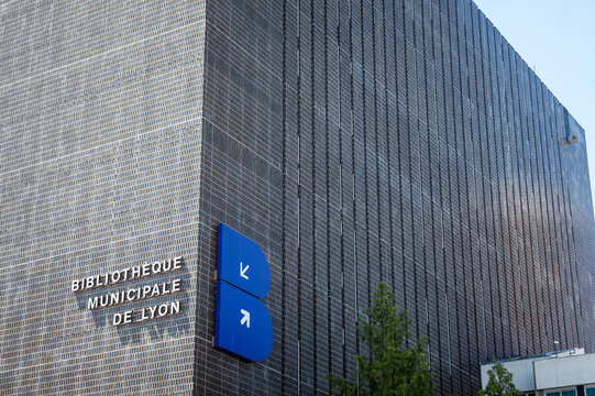 LYON, FRANCE - JULY 13, 2019: Bibliotheque Municipale de Lyon main building in Part Dieu with its logo. It is the Lyon Public Library, hosting various books and cultural collections