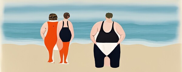 Diverse people in swimsuits for every body is a beach body, body positive inclusive freedom to love yourself and feel confident, body inclusive in swimwear - obrazy, fototapety, plakaty