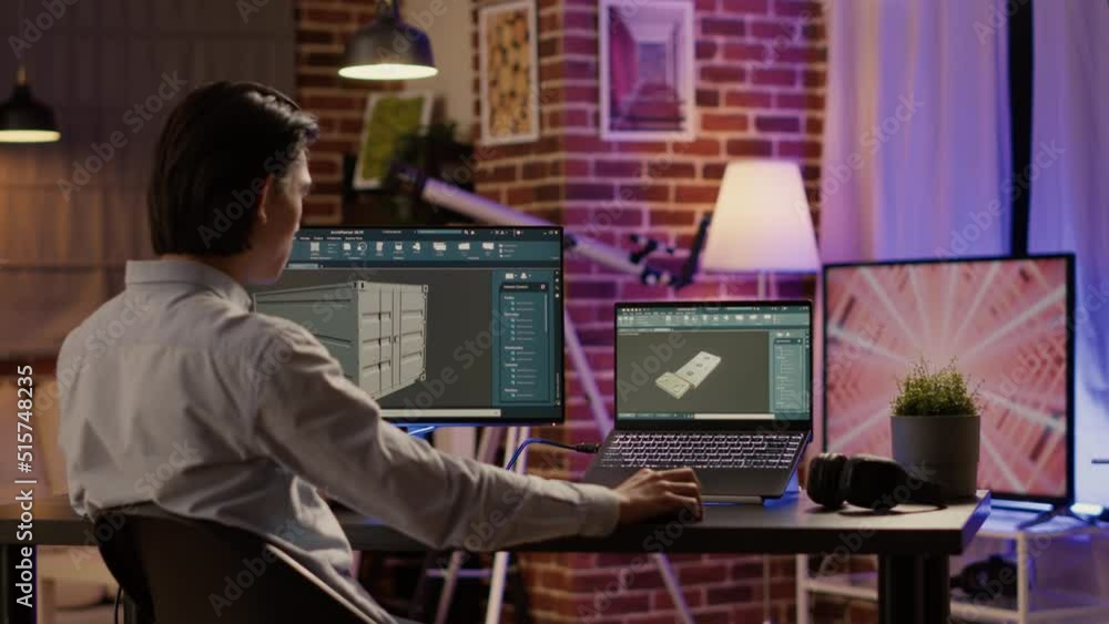Poster manufactory engineer developing industrial product on creative software, advanced machinery componen