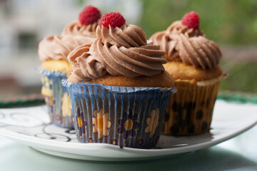 Beige cupcakes made of delicate light sponge cake decorated with chocolate cream. Topped with ripe raspberries.