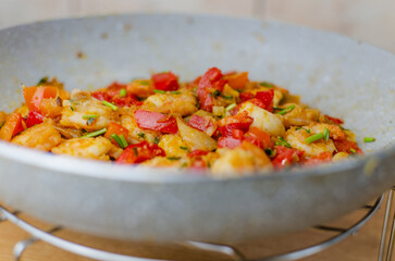 prawns in a pan, dinner, colorful dish, food photo
